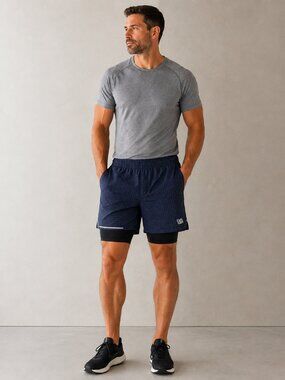 VRST Men's Lined Navy Grid Running Shorts - Size Medium